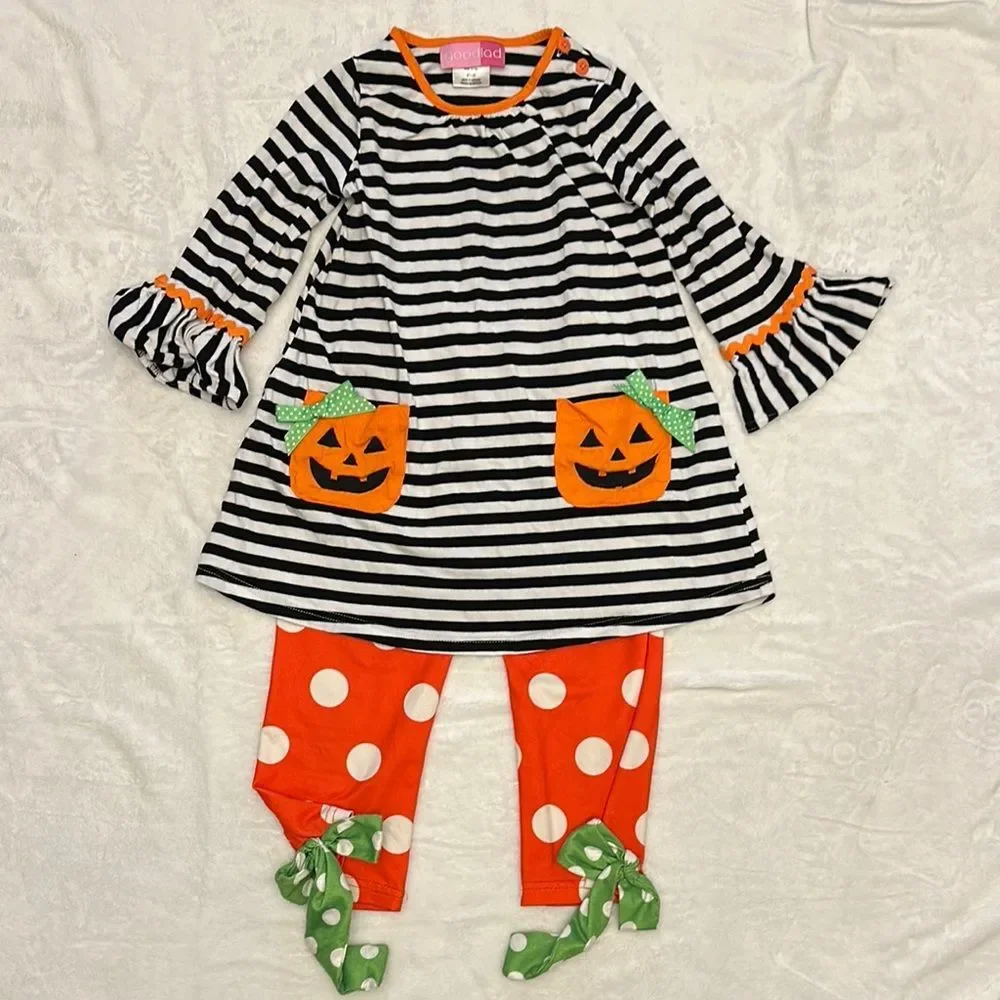 EUC Goodlad Black and White Stripe Pumpkin pocket dress with ruffle sleeve 3t